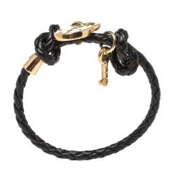 Pre Owned CH Carolina Herrera Lock & Key Braided Black Leather Gold Tone Bracelet