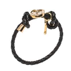 Pre Owned CH Carolina Herrera Lock & Key Braided Black Leather Gold Tone Bracelet