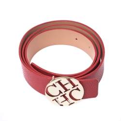 Pre Owned Carolina Herrera Red Leather Buckle Belt 90CM