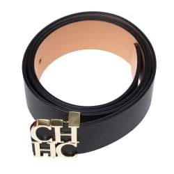 Pre Owned Carolina Herrera Black Leather CHHC Logo Belt 90CM