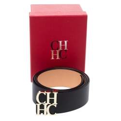 Pre Owned Carolina Herrera Black Leather CHHC Logo Belt 90CM