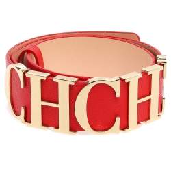 Pre Owned Carolina Herrera Red Leather CH Logo Belt 80 CM