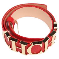 Pre Owned Carolina Herrera Red Leather CH Logo Belt 80 CM