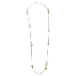 Pre Owned CH Carolina Herrera Gold Tone Logo Faux Pearl Station Necklace