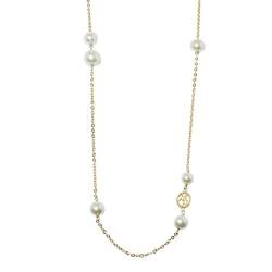 Pre Owned CH Carolina Herrera Gold Tone Logo Faux Pearl Station Necklace