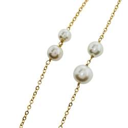 Pre Owned CH Carolina Herrera Gold Tone Logo Faux Pearl Station Necklace
