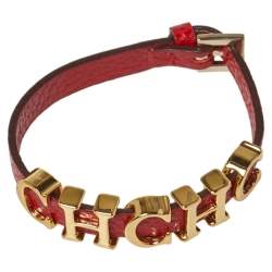 Pre Owned CH Carolina Herrera Red Leather Gold Tone Logo Charm Bracelet