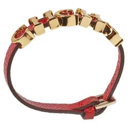 Pre Owned CH Carolina Herrera Red Leather Gold Tone Logo Charm Bracelet
