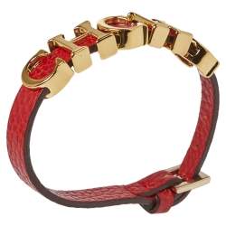 Pre Owned CH Carolina Herrera Red Leather Gold Tone Logo Charm Bracelet