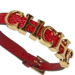 Pre Owned CH Carolina Herrera Red Leather Gold Tone Logo Charm Bracelet