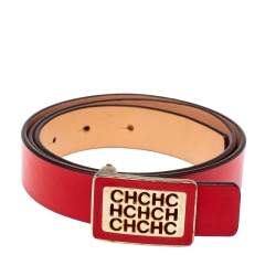 Pre Owned Carolina Herrera Red Leather Logo Belt 80CM