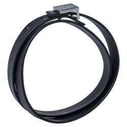 Pre Owned Carolina Herrera Black Leather Brushed Silver Tone Double Wrap Bracelet