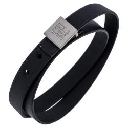 Pre Owned Carolina Herrera Black Leather Brushed Silver Tone Double Wrap Bracelet