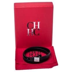 Pre Owned Carolina Herrera Black Leather Brushed Silver Tone Double Wrap Bracelet