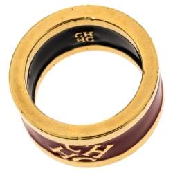 Pre Owned Carolina Herrera Red Enamel Logo Gold Tone Band Ring Size 56