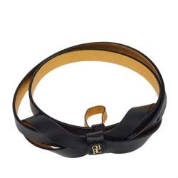 Pre Owned Carolina Herrera Black Leather Bow Slim Belt 75CM