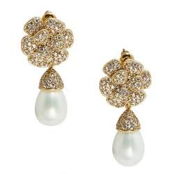 Pre Owned Carolina Herrera Gold Tone Floral Crystal Pearl Drop Earrings