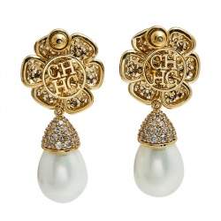 Pre Owned Carolina Herrera Gold Tone Floral Crystal Pearl Drop Earrings