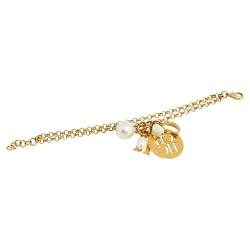Pre Owned Carolina Herrera Gold Tone Pearls & Logo Charm Double Chain Bracelet