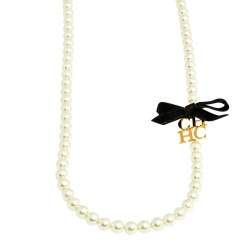 Pre Owned Carolina Herrera Ribbon Logo Charm Pearl Necklace