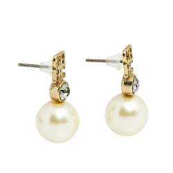 Pre Owned Carolina Herrera Faux Peal Gold Tone Logo Earrings