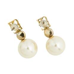 Pre Owned Carolina Herrera Faux Peal Gold Tone Logo Earrings