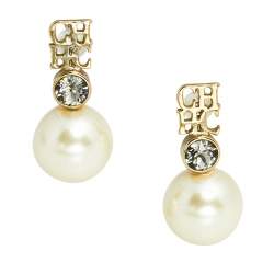 Pre Owned Carolina Herrera Faux Peal Gold Tone Logo Earrings