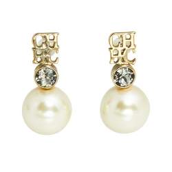 Pre Owned Carolina Herrera Faux Peal Gold Tone Logo Earrings