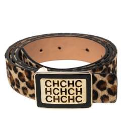 Pre Owned Carolina Herrera Brown/Beige Leopard Print Calf Hair Logo Belt 85CM