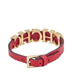 Pre Owned CH Carolina Herrera Red Leather Logo Wrap Bracelet