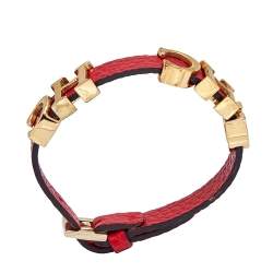 Pre Owned CH Carolina Herrera Red Leather Logo Wrap Bracelet