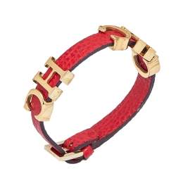 Pre Owned CH Carolina Herrera Red Leather Logo Wrap Bracelet