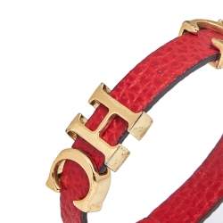 Pre Owned CH Carolina Herrera Red Leather Logo Wrap Bracelet