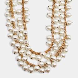 Pre Owned Carolina Herrera CH Faux Pearls Gold Tone Metal Necklace