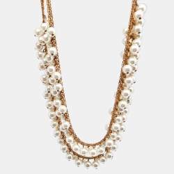 Pre Owned Carolina Herrera CH Faux Pearls Gold Tone Metal Necklace