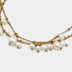 Pre Owned Carolina Herrera Faux Pearl Gold Tone Double Chain Bracelet