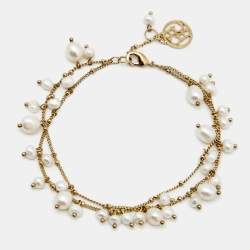 Pre Owned Carolina Herrera Faux Pearl Gold Tone Double Chain Bracelet