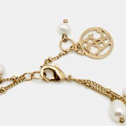 Pre Owned Carolina Herrera Faux Pearl Gold Tone Double Chain Bracelet