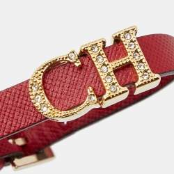 Pre Owned Carolina Herrera Crystal Logo Charm Red Leather Gold Tone Bracelet