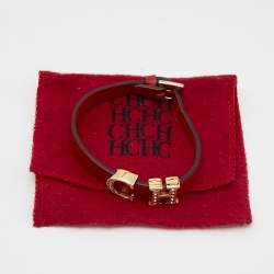 Pre Owned Carolina Herrera Crystal Logo Charm Red Leather Gold Tone Bracelet