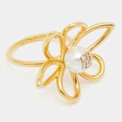 Pre Owned Carolina Herrera CH Floral Faux Pearl Gold Tone Cocktail Ring Size 57