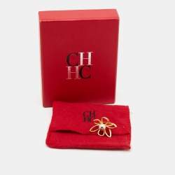 Pre Owned Carolina Herrera CH Floral Faux Pearl Gold Tone Cocktail Ring Size 57