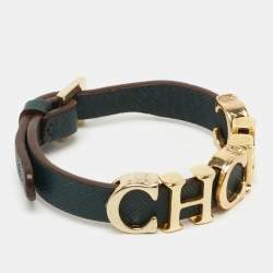  Carolina Herrera CH Green Leather Logo Wrap Bracelet