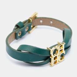 Pre Owned CH Carolina Herrera Black Leather Logo Bow Bracelet