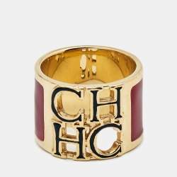 Pre Owned Carolina Herrera CH Logo Enamel Gold Tone Wide Band Ring