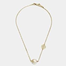 Pre Owned CH Carolina Herrera Faux Pearl Gold Tone Station Necklace