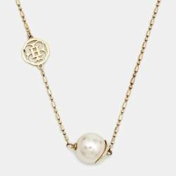 Pre Owned CH Carolina Herrera Faux Pearl Gold Tone Station Necklace
