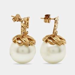 Pre Owned Carolina Herrera CH Logo Faux Pearl Gold Tone Metal Earrings