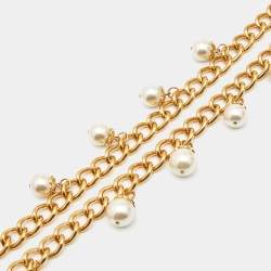 Pre Owned Carolina Herrera CH Faux Pearl Gold Tone Long Chain Link Necklace
