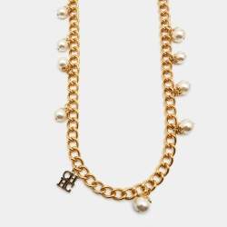 Pre Owned Carolina Herrera CH Faux Pearl Gold Tone Long Chain Link Necklace